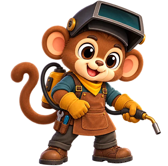 The monkey in a welding mask with a torch
