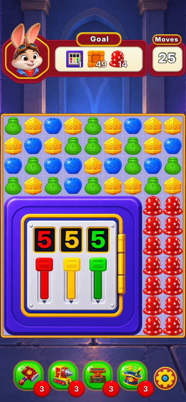 A giant three-color safe beside rows of red toadstools