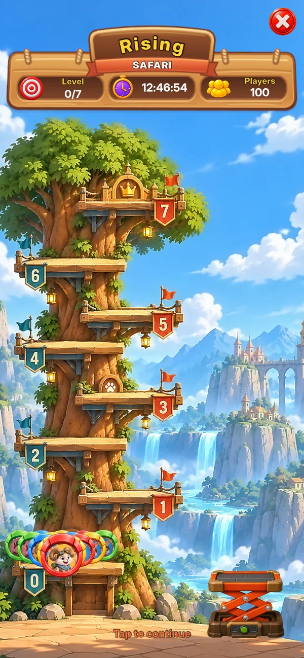 Safari tower with seven numbered stops on a giant tree