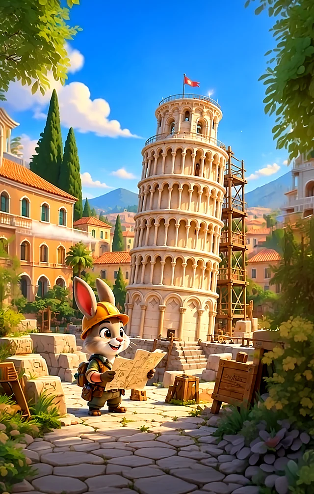 The rabbit holding plans in front of a leaning tower