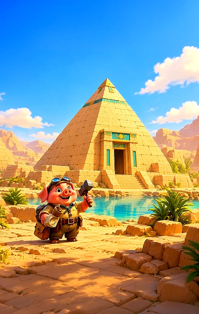 The pig with a hammer in front of a pyramid